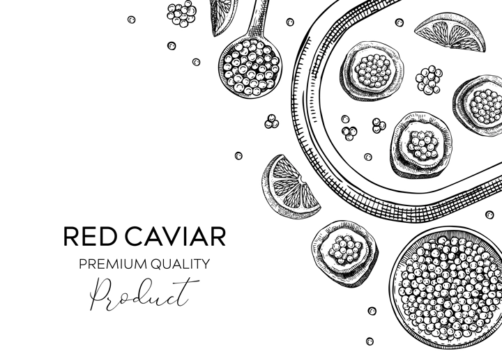 Seafood delicacy banner in sketched style for restaurant menu design. Hand-drawn tray with canned caviar, red caviar canape, lemons and spices illustrations. Finger food sketched background